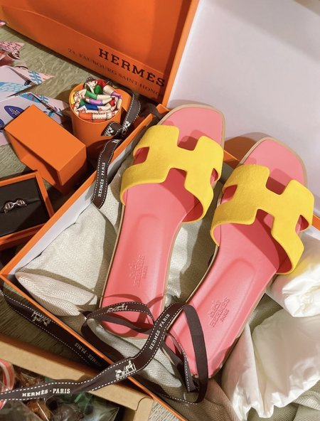 Hermes Ice cream suede H-shaped slides