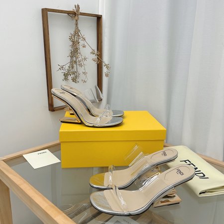 Fendi High-heeled sandals and slippers transparent wide ribbon + metal F-shaped heel design