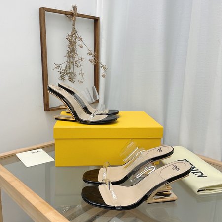 Fendi High-heeled sandals and slippers transparent wide ribbon + metal F-shaped heel design