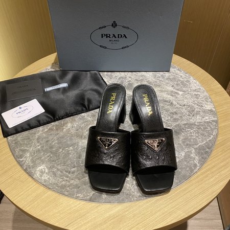 Prada Contrasting Logo Lambskin Slides