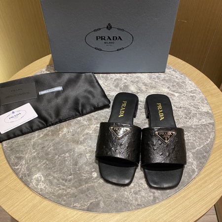 Prada Contrasting Logo Lambskin Slides