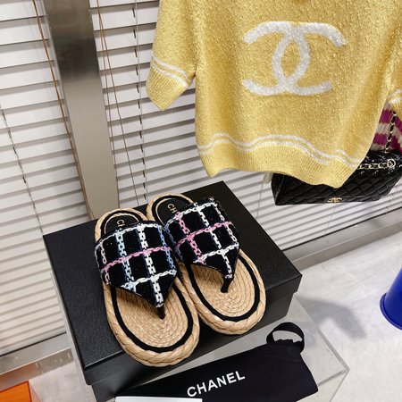 Chanel CC Straw Slippers