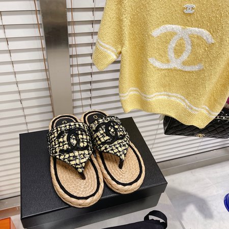 Chanel CC Straw Slippers