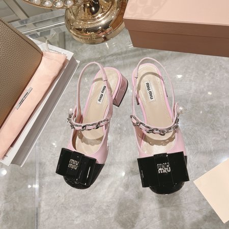 Miu Miu Square Toe Block Heel Chain Pearl Sandals