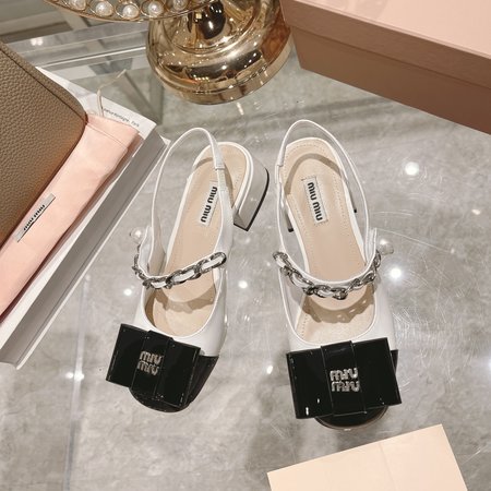 Miu Miu Square Toe Block Heel Chain Pearl Sandals