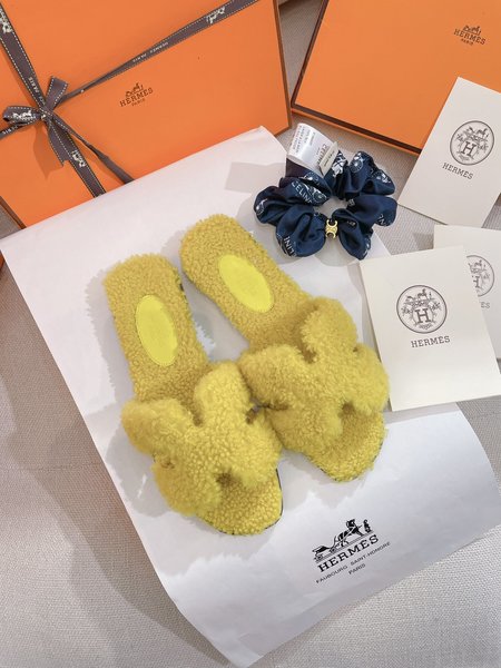 Hermes Teddy Bear H Fuzzy Slippers Oran Flat Slippers