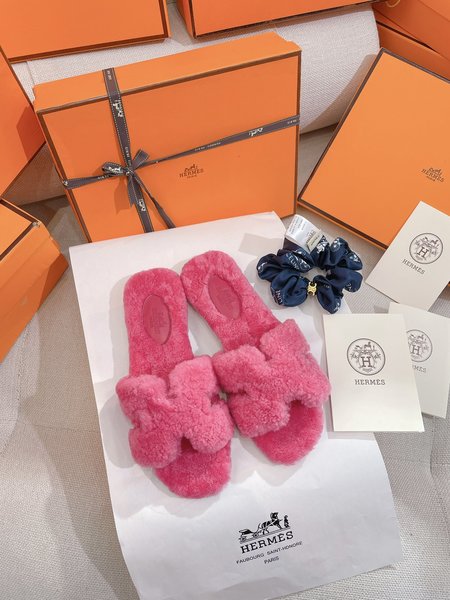 Hermes Teddy Bear H Fuzzy Slippers Oran Flat Slippers