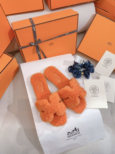 Hermes Teddy Bear H Fuzzy Slippers Oran Flat Slippers