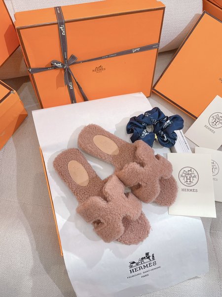 Hermes Teddy Bear H Fuzzy Slippers Oran Flat Slippers