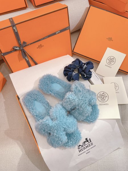 Hermes Teddy Bear H Fuzzy Slippers Oran Flat Slippers