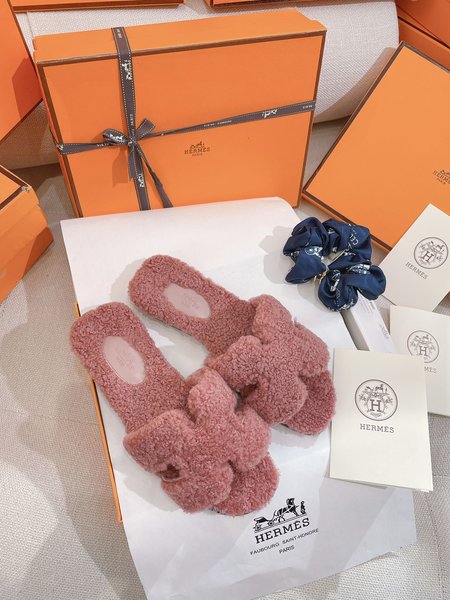 Hermes Teddy Bear H Fuzzy Slippers Oran Flat Slippers