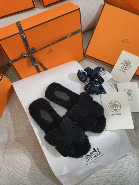 Hermes Teddy Bear H Fuzzy Slippers Oran Flat Slippers