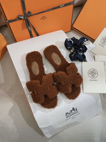 Hermes Teddy Bear H Fuzzy Slippers Oran Flat Slippers