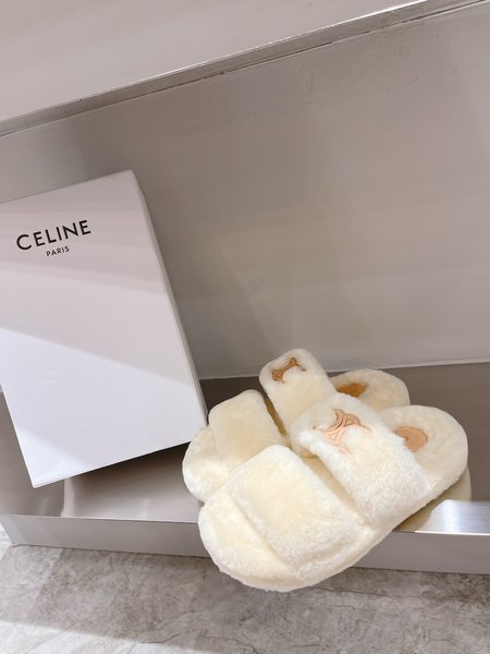 Celine Fur Slippers Logo Lambswool