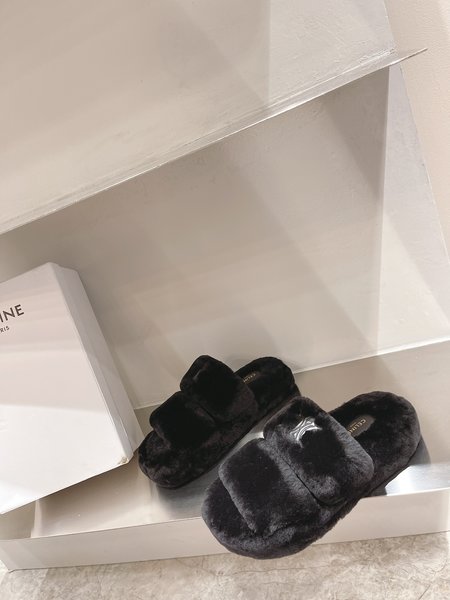 Celine Fur Slippers Logo Lambswool