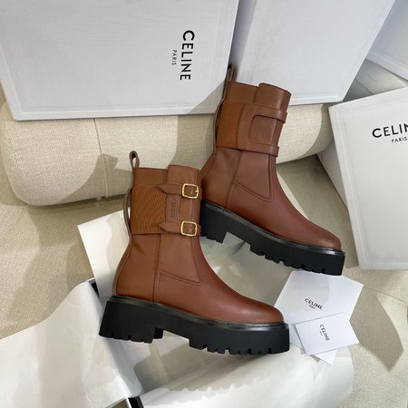 Celine Arc de Triomphe Ribbon Double-row Small Square Buckle Retro Martin Boots Chelsea Boots