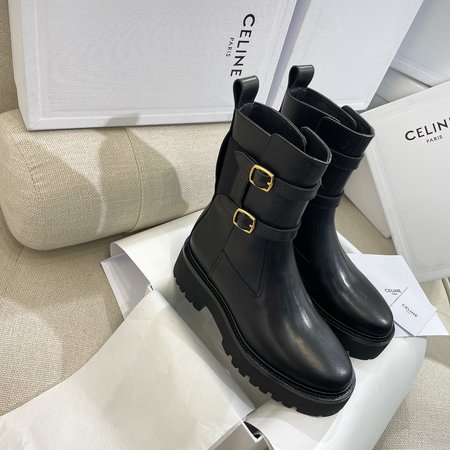 Celine Arc de Triomphe Ribbon Double-row Small Square Buckle Retro Martin Boots Chelsea Boots