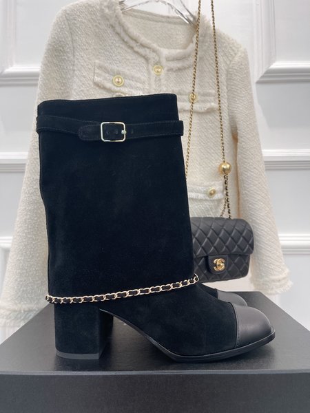 Chanel calfskin chunky heel boots