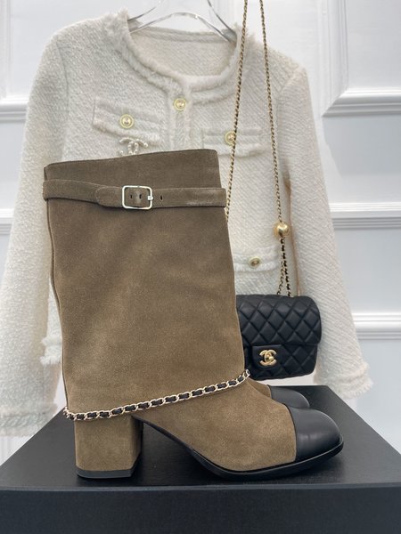 Chanel calfskin chunky heel boots