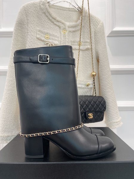 Chanel calfskin chunky heel boots