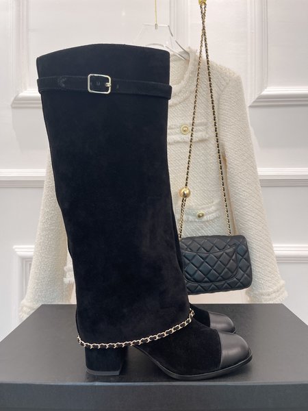 Chanel calfskin chunky heel boots