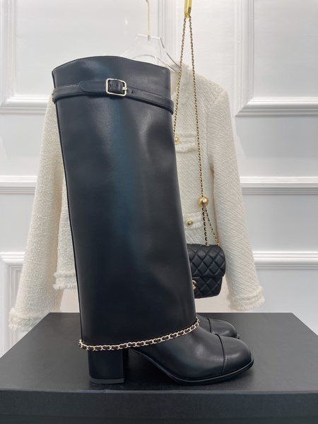 Chanel calfskin chunky heel boots