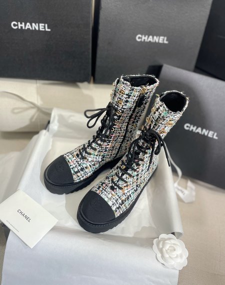 Chanel CC Tweed Woven Lace-up Thick-soled Martin Boots