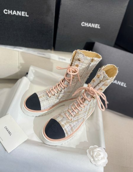 Chanel CC Tweed Woven Lace-up Thick-soled Martin Boots