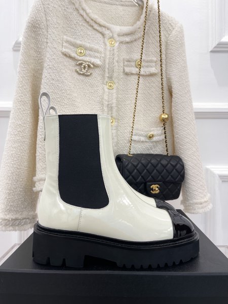 Chanel round toe color block platform ankle boots