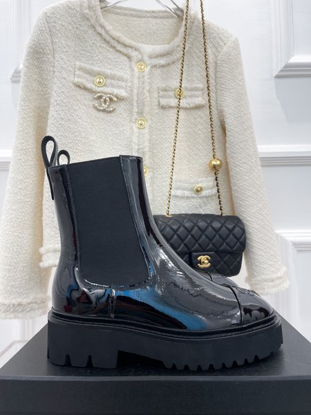 Chanel round toe color block platform ankle boots