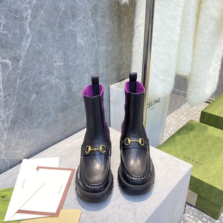 Gucci Platform Horsebit Knit-Panel Chelsea Boots