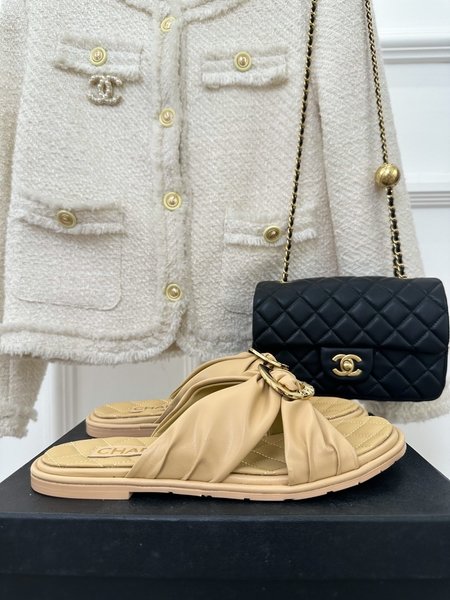 Chanel round buckle cross strap slippers