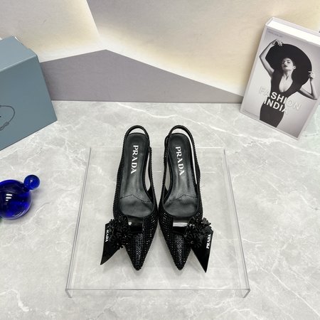 Prada Women s shoes with pointed toe and empty back, with flowers and rhinestones