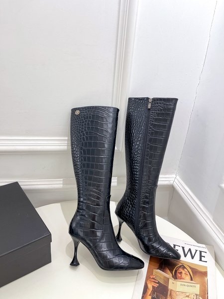 Chanel Classic crocodile print high heel boots