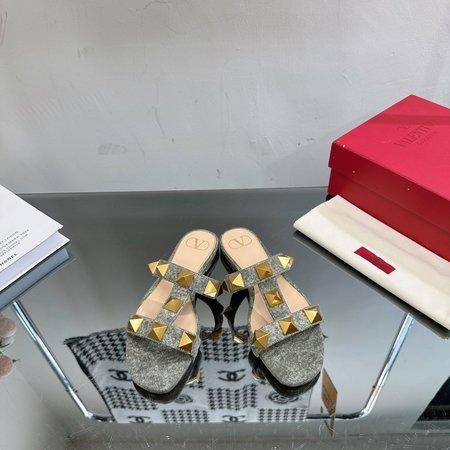 Valentino New Rock Studs element denim slippers