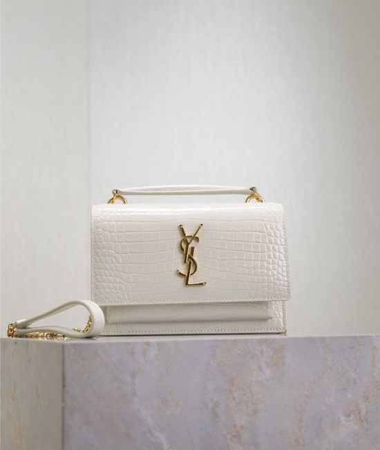 Yves Saint Laurent YSL Sunset Woc White Crocodile Pattern Gold Buckle 533026