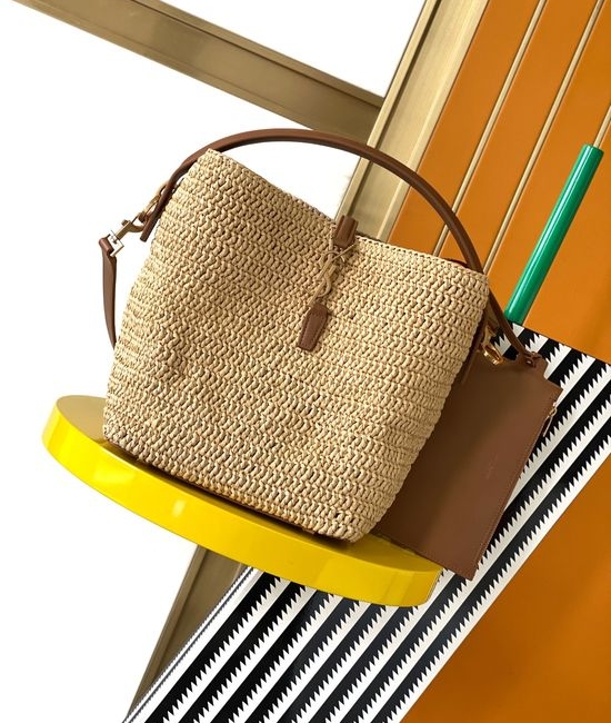 Yves Saint Laurent YSL LE37 Woven Raffia Bucket Bag 773991