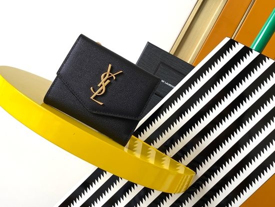 Yves Saint Laurent YSL SLP Trifold Wallet with Fish Sauce Black Gold Buckle 582296