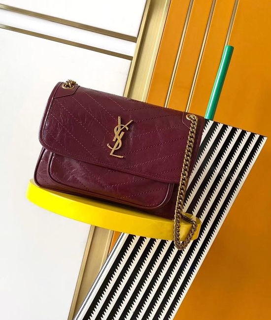 Yves Saint Laurent YSL Niki Burgundy Leather Shoulder Bag 653158