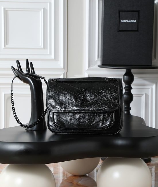 Yves Saint Laurent YSL Niki Black Hardware Waxed Leather Shoulder Bag 633158