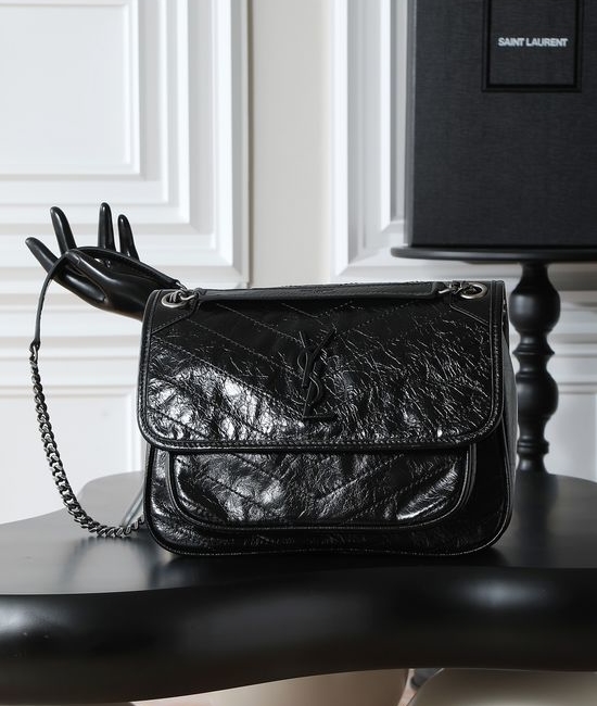 Yves Saint Laurent YSL Niki Silver Hardware Waxed Leather Shoulder Bag 633158