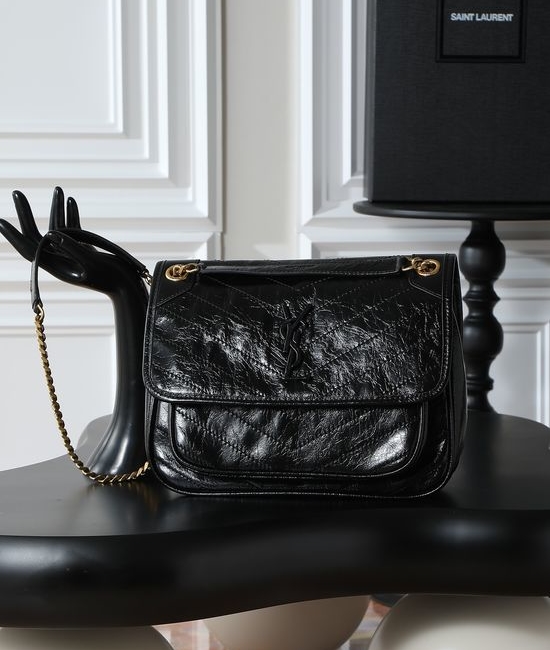 Yves Saint Laurent YSL Niki Gold Hardware Waxed Leather Shoulder Bag 633158