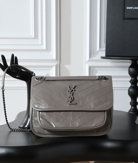 Yves Saint Laurent YSL Gray Waxed Leather Niki Bag with Reinforced Structure 633158
