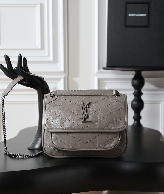 Yves Saint Laurent YSL Niki Gray Oil Wax Leather Bag 633151 633160