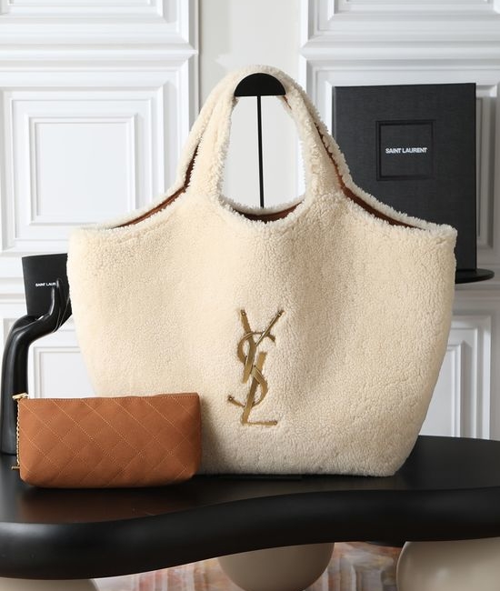 Yves Saint Laurent YSL Icare Lamb Fur Camel Large Tote Bag 698651