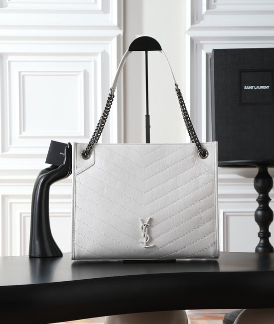 Yves Saint Laurent YSL Niki Shopping Bag White Silver Buckle 577999