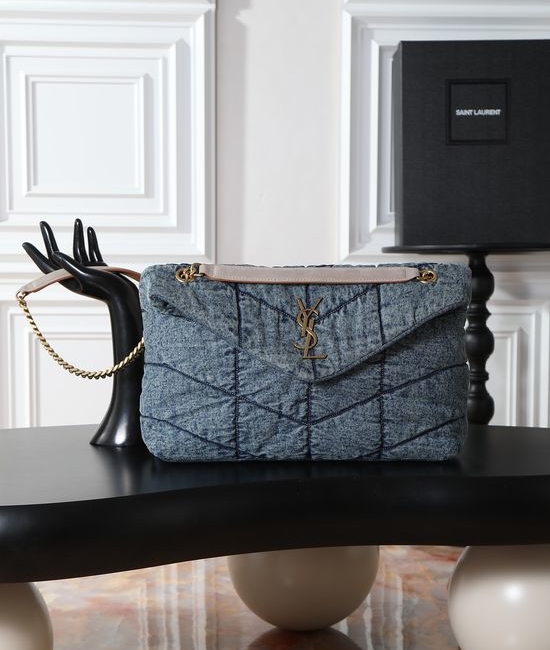 Yves Saint Laurent YSL Loulou Puffer Denim Gold Buckle Bag 577475-1