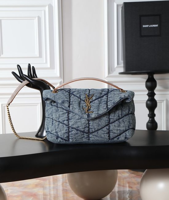 Yves Saint Laurent YSL Loulou Puffer Quilted Denim Chain Bag 577476