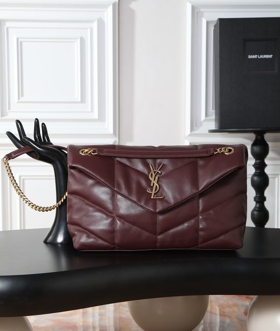 Yves Saint Laurent YSL Loulou Puffer Burgundy Gold Buckle Lambskin Bag 577475-1