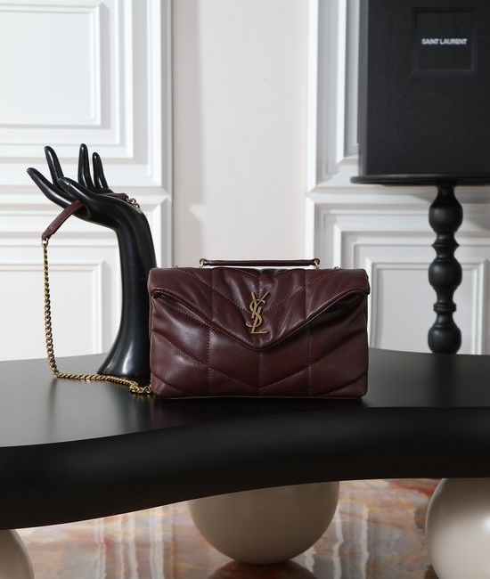 Yves Saint Laurent YSL Loulou Puffer Mini Burgundy Gold Hardware 759337